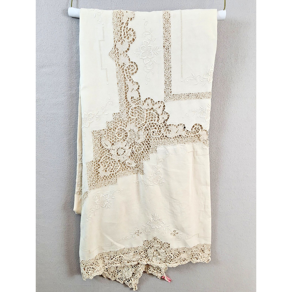 Vintage Ornate Lace & Embroidered Tablecloth Floral Heirloom Ivory 116"x58"